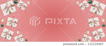 Christmas Banner with Gift Boxes on Pink Background 132228467