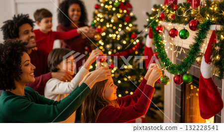Diverse family decorating christmas tree and fireplace with ornaments and garlands in a cozy living room, joyful holiday atmosphere. concept of festive celebration, family traditions, unity Diverse family decorating christmas tree and fireplace with ornaments and garlands in a cozy living room, joyful holiday atmosphere. concept of festive celebration, family traditions, unity 132228541