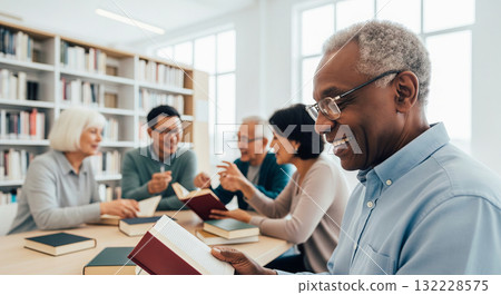 Group of diverse individuals enjoying a book club gathering in a library setting. concept of literature enthusiasts, community engagement, shared reading experience 132228575