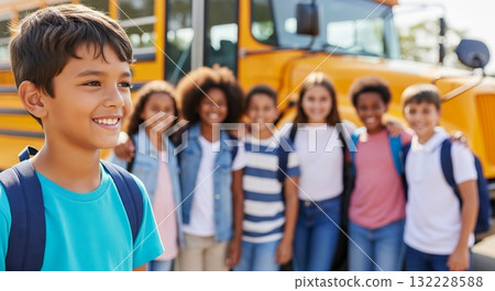 Smiling diverse group of schoolchildren standing next to a school bus on a sunny day. concept of friendship, childhood, education, back to school. 132228588