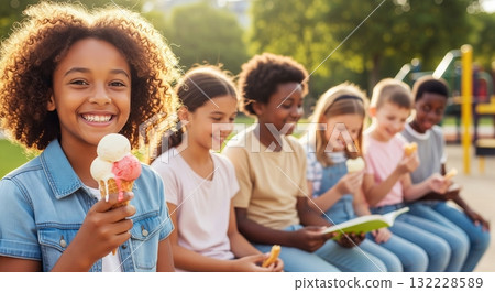 Diverse group of friends enjoying ice cream and reading together outdoors in a sunny park. concept of friendship, outdoor fun, childhood relaxation Diverse group of friends enjoying ice cream and reading together outdoors in a sunny park. concept of friendship, outdoor fun, childhood relaxation 132228589