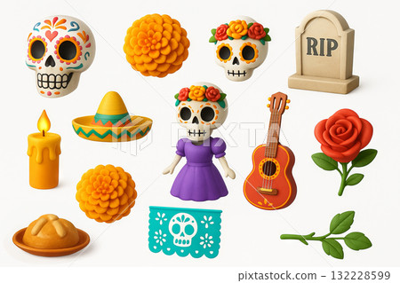 Colorful day of the dead elements including sugar skulls, guitar, and marigolds illustrating festive celebration and traditional decorations, SET 132228599