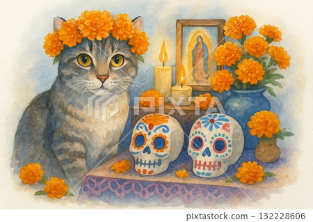 Watercolor cat with marigold flowers and day of the dead altar featuring decorated sugar skulls and candles. concept of feline art, mexican tradition, colorful celebration 132228606