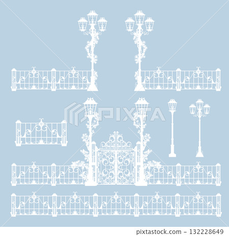 winter season fairy tale fence and gates vector silhouette design set 132228649