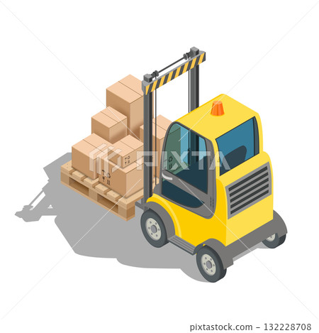 Isometric warehouse forklift with cardboard boxes 132228708