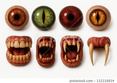 Illustration of monster eyes and teeth with detailed features including green and orange cat-like eyes and various fanged mouths. Set Illustration of monster eyes and teeth with detailed features including green and orange cat-like eyes and various fanged mouths. Set 132228834