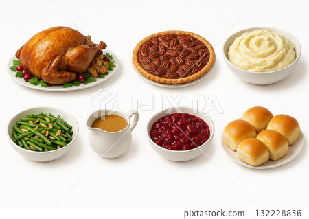 Traditional thanksgiving feast with roast turkey, pecan pie, mashed potatoes, green beans, and cranberry sauce. concept of festive holiday meal, family gathering, comfort food, SET 132228856