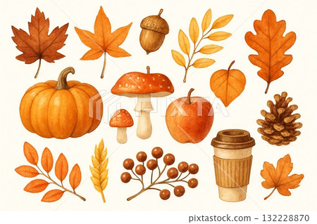 Autumn decorative elements illustration with pumpkin, leaves, acorns, mushrooms, apples and coffee. concept of fall season, harvest time, cozy decor., SET 132228870