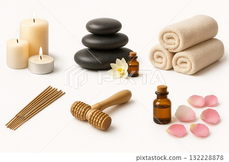 Spa relaxation scene with candles, essential oils, massage tools, and incense sticks for calm and serenity. concept of wellness, holistic health, aromatherapy, SET 132228878