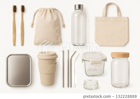 Eco-friendly products on white background featuring reusable tote bags, glass jars, stainless steel straws, bamboo toothbrushes, sustainable packaging, zero waste lifestyle, SET Eco-friendly products on white background featuring reusable tote bags, glass jars, stainless steel straws, bamboo toothbrushes, sustainable packaging, zero waste lifestyle, SET 132228889