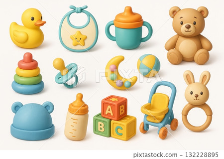 Colorful children's accessories and toys illustration featuring duck, bear, and abc blocks for playful nursery decor and childhood fun, SET 132228895