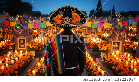 Day of the dead celebration with traditional mexican decor and candles illuminating a colorful cemetery. concept of cultural heritage, festive atmosphere, ancestral remembrance Day of the dead celebration with traditional mexican decor and candles illuminating a colorful cemetery. concept of cultural heritage, festive atmosphere, ancestral remembrance 132228954