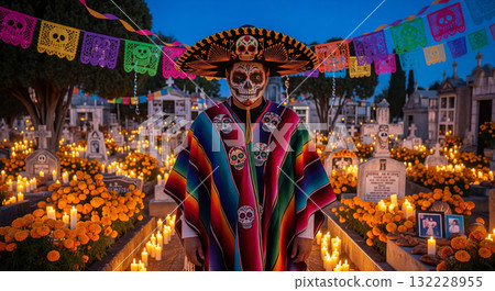 Day of the dead celebration with vibrant decor and traditional attire in colorful cemetery setting. concept of cultural heritage, mexican tradition, festive atmosphere 132228955