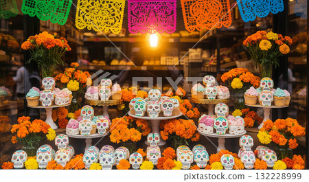 Colorful day of the dead sugar skull display with bright marigold flowers and papel picado decorations. concept of mexican tradition, festive celebration, cultural heritage Colorful day of the dead sugar skull display with bright marigold flowers and papel picado decorations. concept of mexican tradition, festive celebration, cultural heritage 132228999