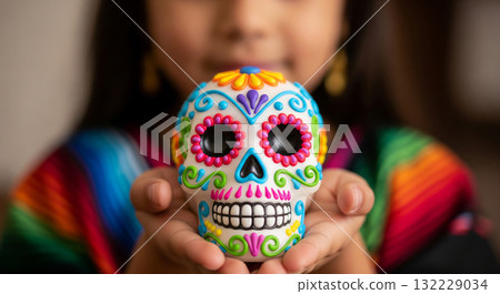 Colorful day of the dead sugar skull held by young hispanic girl. concept of dia de los muertos tradition, mexican culture, festive celebration 132229034