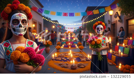 Day of the dead celebration with women in traditional dresses and sugar skull makeup holding flowers and candles. concept of mexican culture, dia de los muertos, festive traditions 132229055