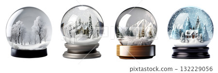 Crystal ball snow globe on transparent background cutout. PNG file. Many assorted different design. Mockup template for artwork design 132229056