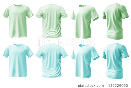 2 Set of pastel light blue green aqua tee t shirt round neck front, back and side view on transparent background cutout, PNG file. Mockup template for artwork graphic design 132229060
