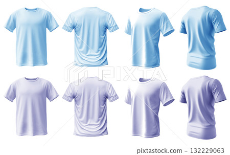 2 Set of pastel light blue purple violet tee t shirt round neck front, back and side view on transparent background cutout, PNG file. Mockup template for artwork graphic design 2 Set of pastel light blue purple violet tee t shirt round neck front, back and side view on transparent background cutout, PNG file. Mockup template for artwork graphic design 132229063