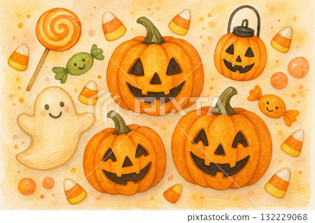 Fun halloween treats with jack-o-lanterns, ghost, candy corn, and lollipops illustration for holiday celebration and decor 132229068