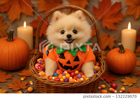Adorable pomeranian dog in pumpkin costume sitting in basket of halloween candy amidst fall leaves. concept of cute pet costumes, halloween celebration, festive decor Adorable pomeranian dog in pumpkin costume sitting in basket of halloween candy amidst fall leaves. concept of cute pet costumes, halloween celebration, festive decor 132229070