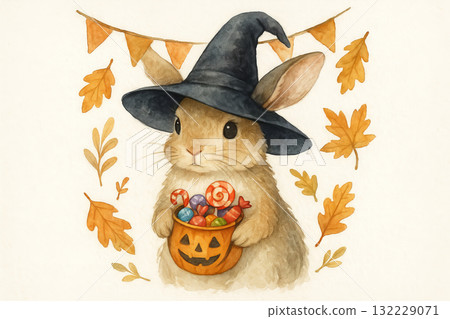 Watercolor halloween bunny wearing witch hat holding candy bucket surrounded by leaves. concept of festive illustration, autumn decor, whimsical rabbit art Watercolor halloween bunny wearing witch hat holding candy bucket surrounded by leaves. concept of festive illustration, autumn decor, whimsical rabbit art 132229071