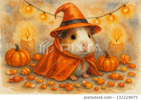 Watercolor guinea pig in witch hat surrounded by pumpkins and candy for halloween celebration. concept of cute pet costume, festive decor, autumn holiday fun 132229075