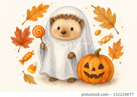 Adorable hedgehog dressed as a ghost for halloween surrounded by autumn leaves and candy with jack-o-lantern. concept of cute costume, halloween fun, fall celebration 132229077