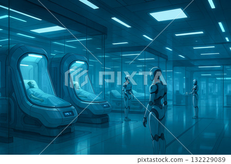 Futuristic hospital with advanced medical technology and robots in high-tech facility. concept of future healthcare, robotics, cutting-edge innovation 132229089