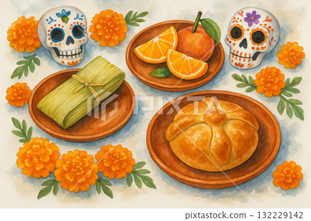 Day of the dead feast illustration with pan de muerto, tamale, and sugar skulls surrounded by orange flowers. concept of mexican tradition, cultural celebration, festive decor 132229142