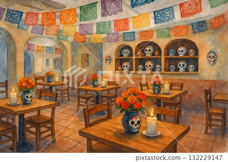 Day of the dead decor in traditional mexican cafe with skulls and marigolds. concept of cultural celebration, festive atmosphere, colorful decor 132229147