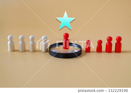 Wooden figures with magnifier ,human resources, Recruitment employee concept. 132229198