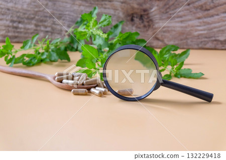 Holy basil with herb capsule and magnifier in wood spoon. Holy basil with herb capsule and magnifier in wood spoon. 132229418