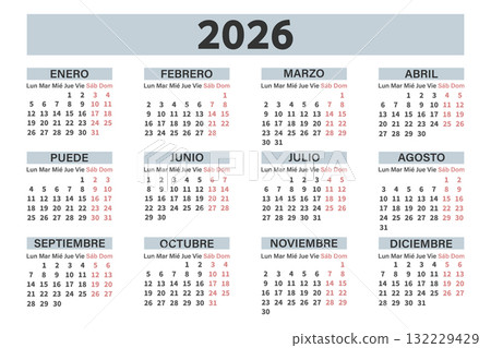 Classic annual calendar for 2026 in Spanish for planning and organization. Days, weeks and months. Template. Classic annual calendar for 2026 in Spanish for planning and organization. Days, weeks and months. Template. 132229429