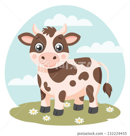 Cute cow in a sunny meadow with flowers. Farm animal with landscape. Illustration. Cute cow in a sunny meadow with flowers. Farm animal with landscape. Illustration. 132229435
