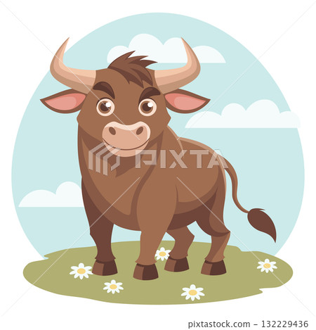Cute bull in a sunny meadow with flowers. Farm animal with landscape. Illustration. Cute bull in a sunny meadow with flowers. Farm animal with landscape. Illustration. 132229436