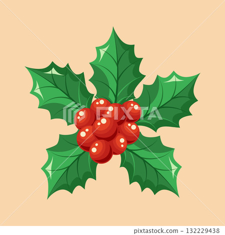 Christmas holly berries with green leaves. A sprig of holly with bright red berries. Holiday illustration. Christmas holly berries with green leaves. A sprig of holly with bright red berries. Holiday illustration. 132229438