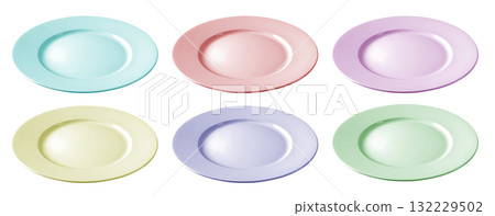 Set of pastel colourful ceramic plate on transparent background cutout, PNG file. Mockup template for artwork graphic design 132229502