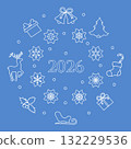 Christmas 2026 background with white line art icons on blue including reindeer and snowflakes 132229536