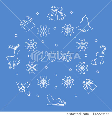Christmas 2026 background with white line art icons on blue including reindeer and snowflakes 132229536