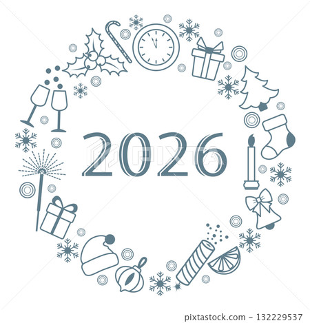 New year 2026 celebration wreath with symbols, ideal holiday background for festive designs New year 2026 celebration wreath with symbols, ideal holiday background for festive designs 132229537