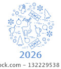 Christmas holiday design with reindeer, gifts, and decorations on white background for 2026 132229538