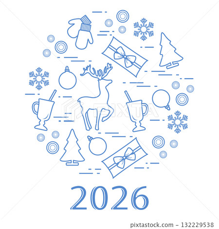 Christmas holiday design with reindeer, gifts, and decorations on white background for 2026 Christmas holiday design with reindeer, gifts, and decorations on white background for 2026 132229538