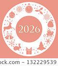 Christmas 2026 greeting card with festive icons and decorative border on pink background 132229539