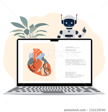 Robot and digital heart on laptop screen representing medical technology and innovation Robot and digital heart on laptop screen representing medical technology and innovation 132229540