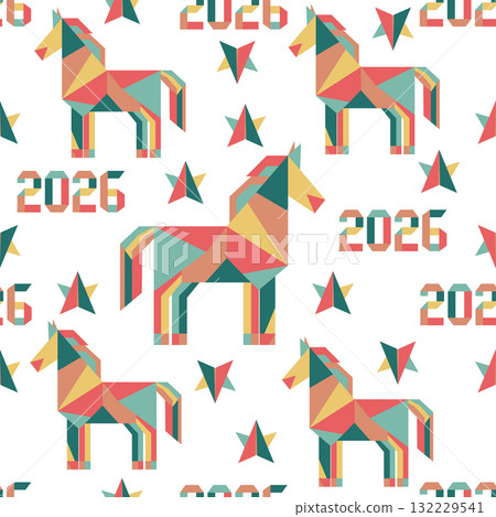 Geometric horse pattern with number 2026 and stars, seamless background for New Year celebration Geometric horse pattern with number 2026 and stars, seamless background for New Year celebration 132229541