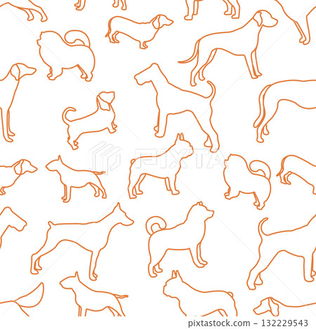 Dog silhouettes pattern on white background featuring various breeds in orange outline 132229543