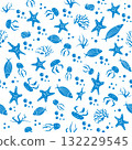 Marine pattern with starfish, fish, jellyfish, and coral in blue on white background 132229545