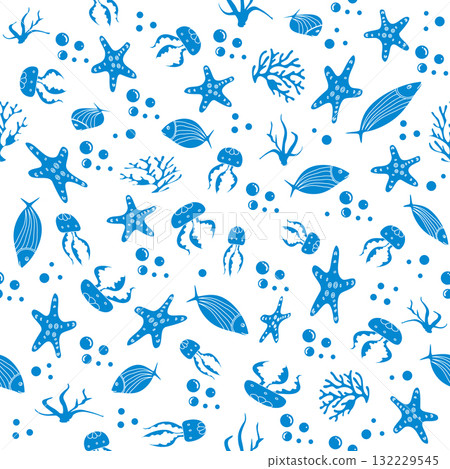 Marine pattern with starfish, fish, jellyfish, and coral in blue on white background 132229545