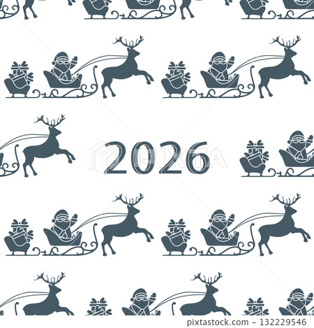 Christmas pattern with reindeer sleighs and gifts, featuring year 2026 in central design Christmas pattern with reindeer sleighs and gifts, featuring year 2026 in central design 132229546